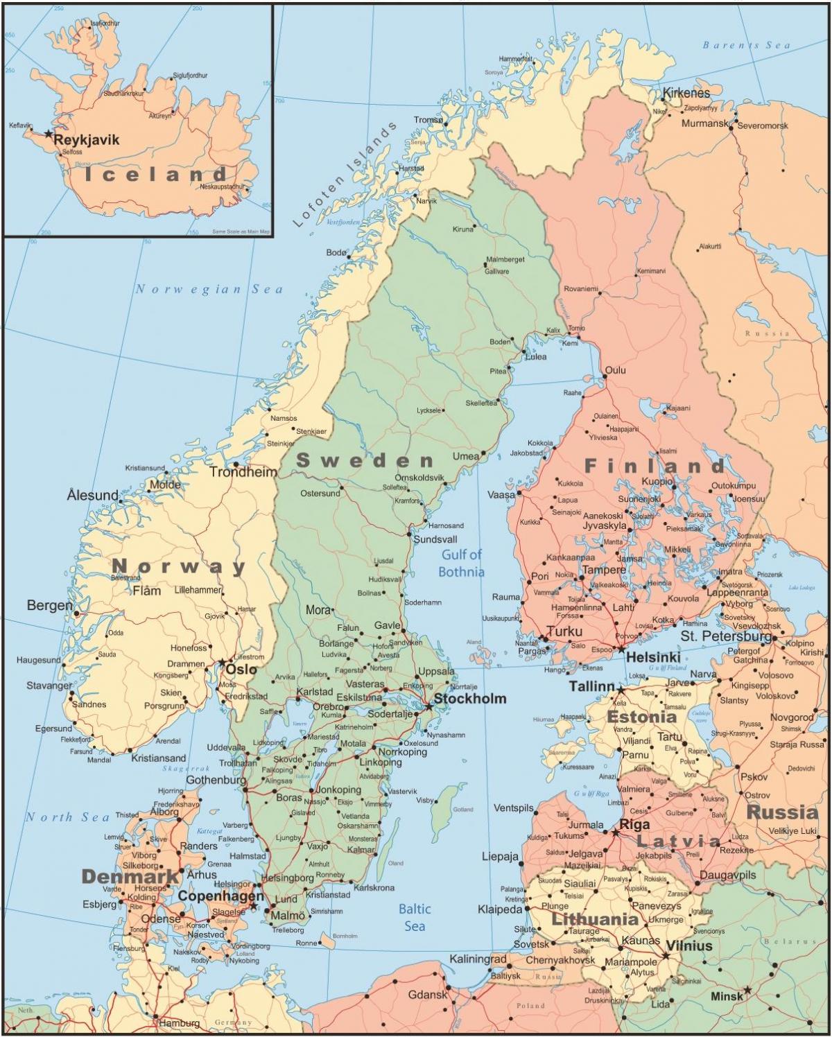 نقشه از فنلاند و کشورهای اطراف